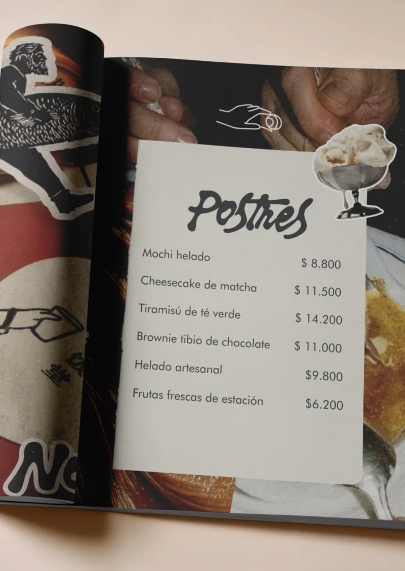 Carta de postres impresa, pieza editorial
